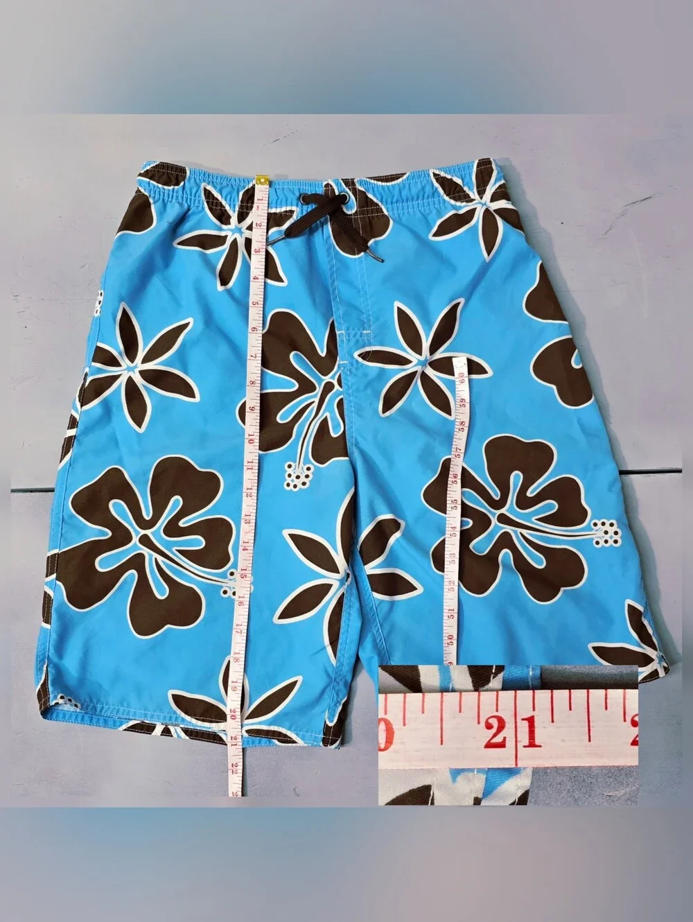Vtg Y2K Hawaiian Hibiscus Board Shorts Swim Trunks Sky Blue Brown Youth Large